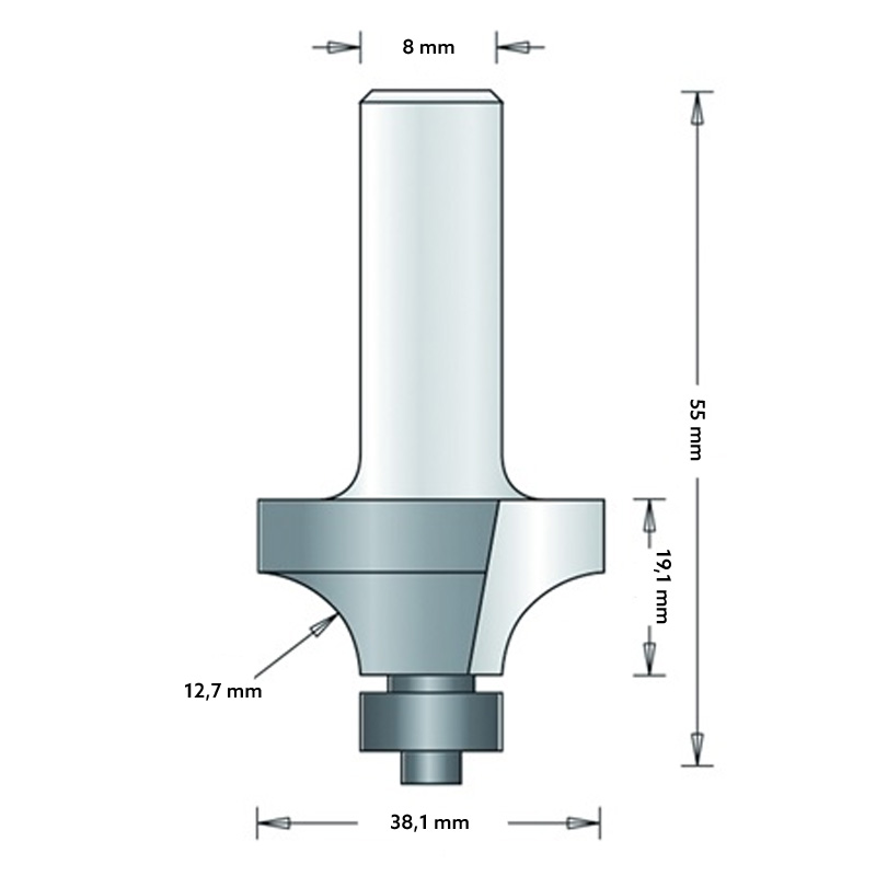 Hm 75-8 afrondfrees Ø 38,1 x 19,1 mm radius 12,7 (schacht 8 mm)