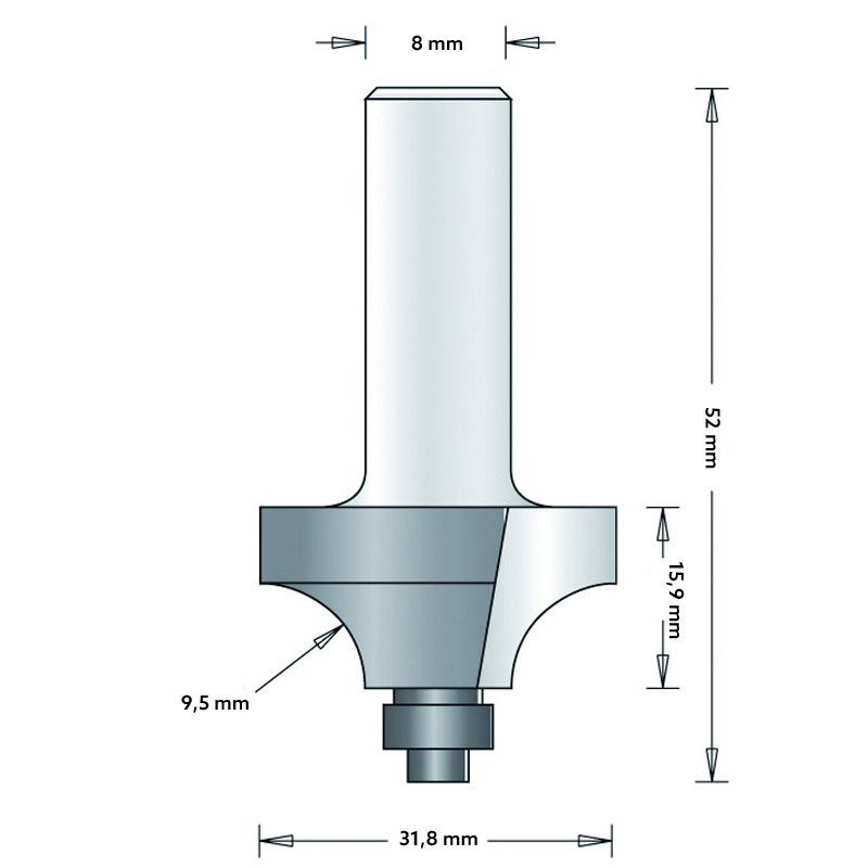 Hm 79-8 kwartrondfrees Ø 31,8 x 15,9 mm radius 9,5 mm (schacht 8 mm)