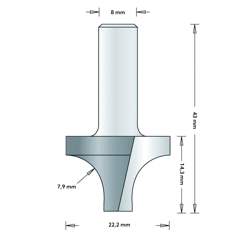Hm 99-8 afrondfrees Ø 22,2 x 14,3 mm radius 7,9 mm (schacht 8 mm)