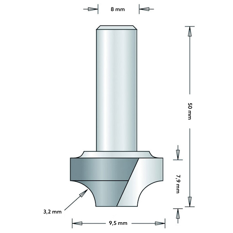 Hm 100-8 afrondfrees Ø 9,5 x 7,9 mm radius 3,2 mm (schacht 8 mm)