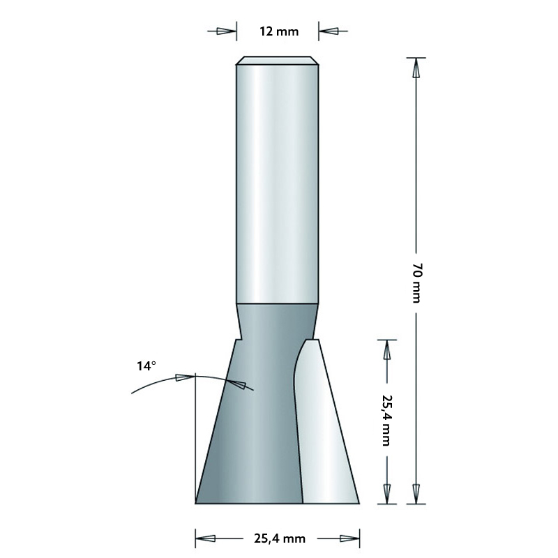 Hm 298-12 zwaluwstaartfrees Ø 25,4 x 25,4 mm (schacht 12 mm)