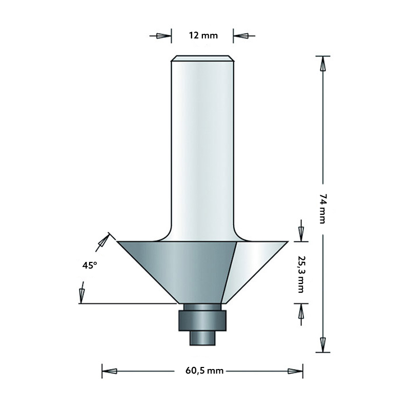 Hm 187-12 hoekfrees Ø 60,5 x 25,3 mm hoek 45° (schacht 12 mm)