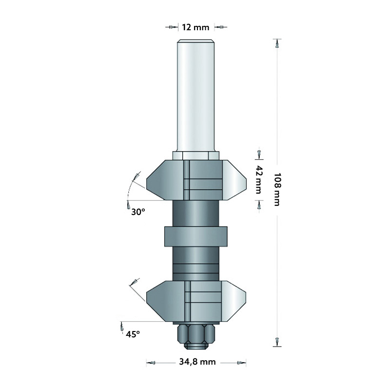 Hm 156-12 afrondfrees set Ø 34,8 x 42 mm hoek 30° en 45° (schacht 12 mm)