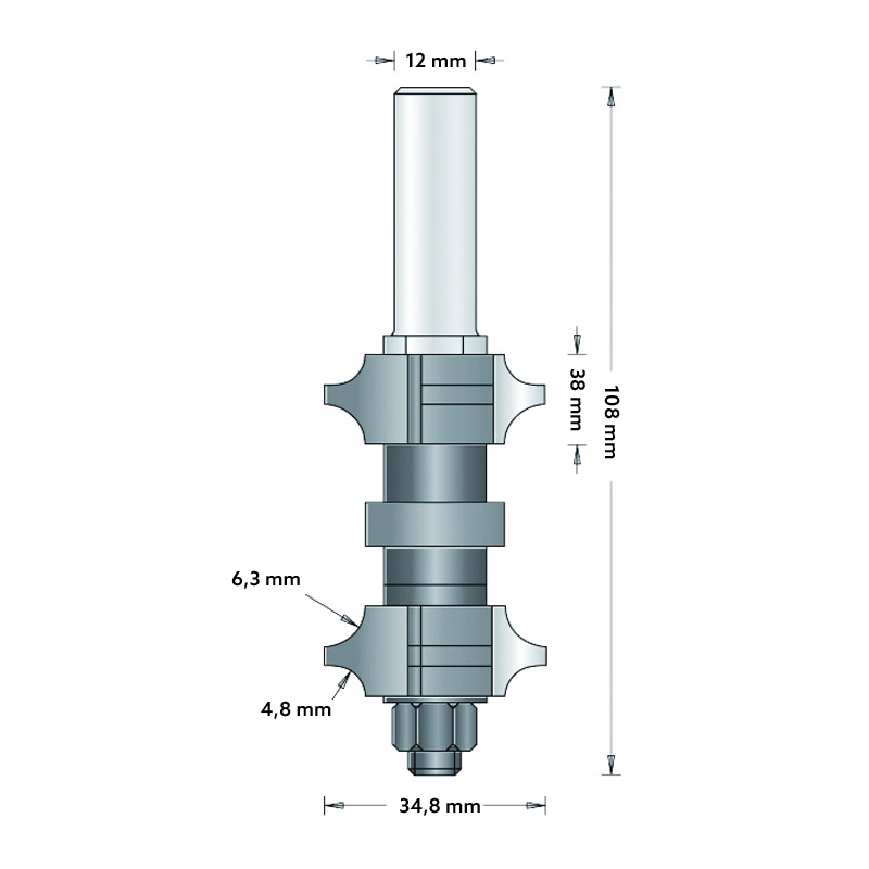 Hm 232-12 afrondfrees set Ø 34,8 x 38 mm radius 4,8 en 6,3 mm (schacht 12 mm)