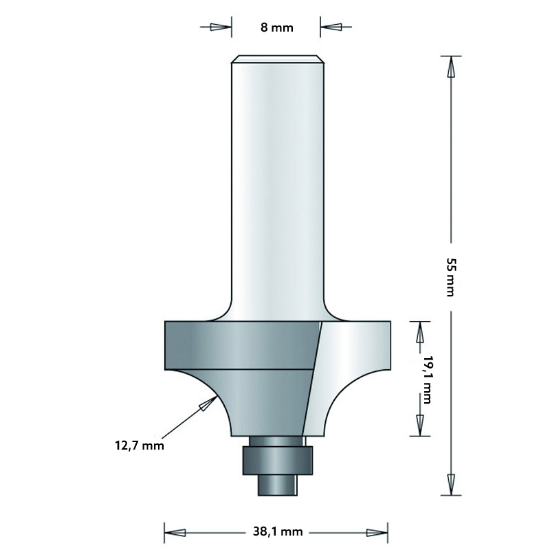 Hm 80-8 kwartrondfrees Ø 38,1 x 19,1 mm radius 12,7 mm (schacht 8 mm)