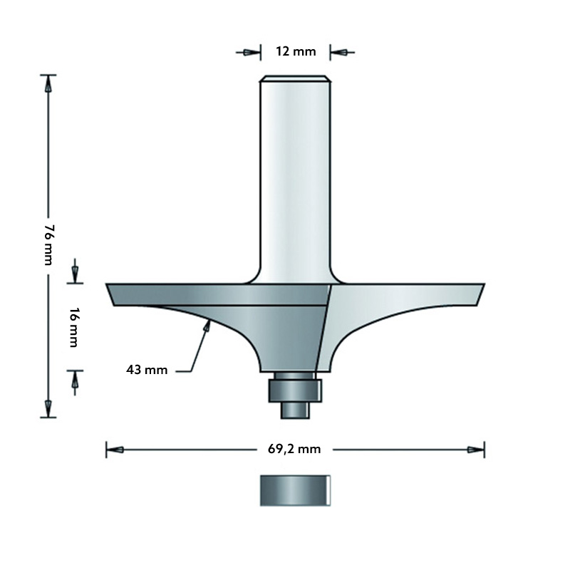 Hm 283-12 afrondfrees ovaal Ø 69,2 x 16 mm radius 43 mm (schacht 12 mm)