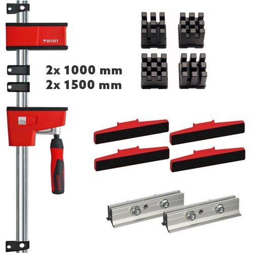 Bessey set: variabele corpuslijmtangen 2x 1000 x 95 mm + 2x 1500 x 95 mm met uitgebreide accessoireset