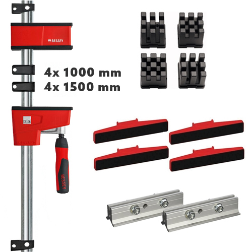 Bessey set: variabele corpuslijmtangen 4x 1000 x 95 mm + 4x 1500 x 95 mm met uitgebreide accessoireset