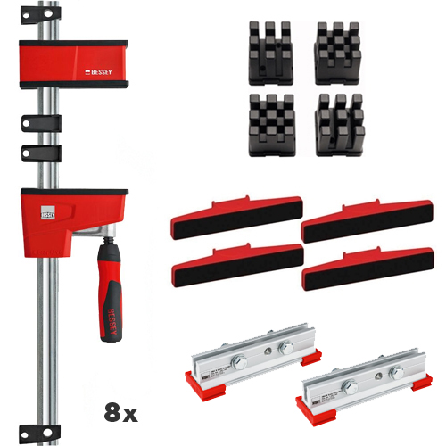 Bessey set: 8x variabele corpuslijmtang 1000 x 95 mm met uitgebreide accessoireset