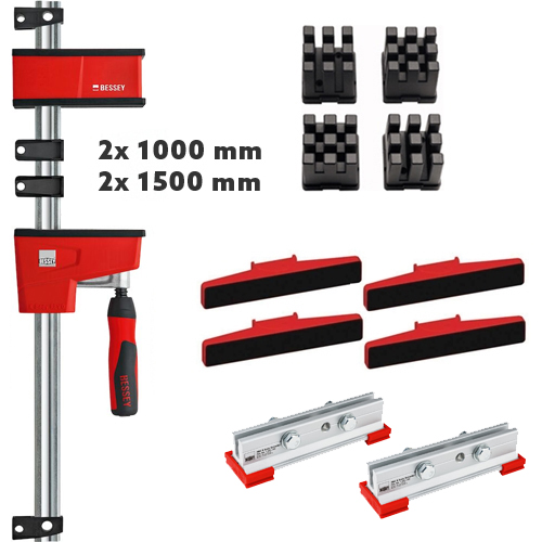 Bessey set: variabele corpuslijmtangen 2x 1000 x 95 mm + 2x 1500 x 95 mm met uitgebreide accessoireset