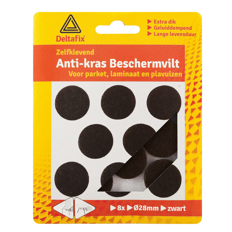 Anti-kras vilt, rond zwart 28 mm, 8 stuks