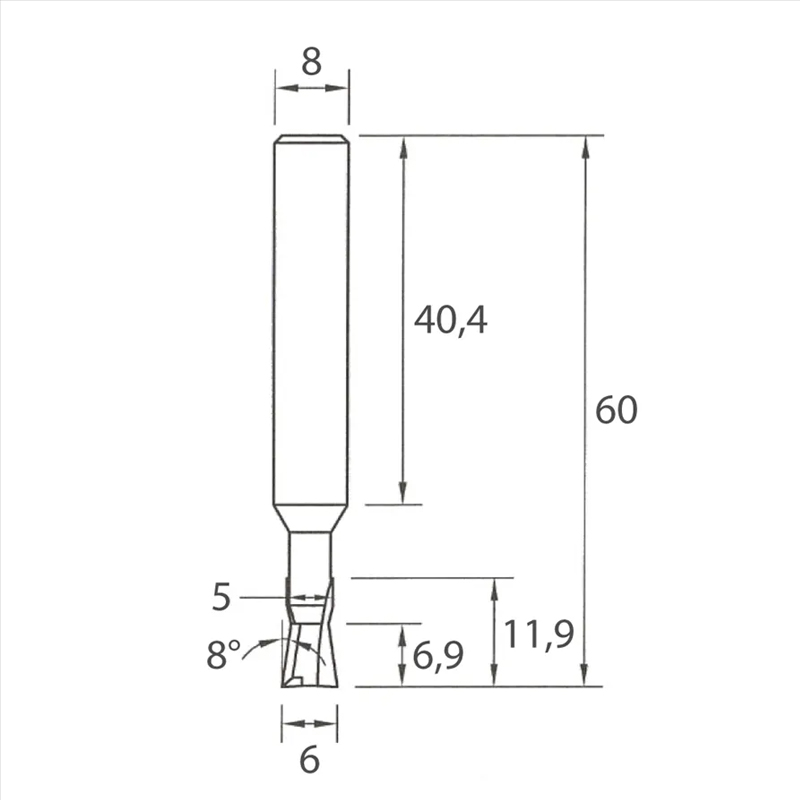 Zwaluwstaartfrees 6 x 6,9 mm schacht 8 mm