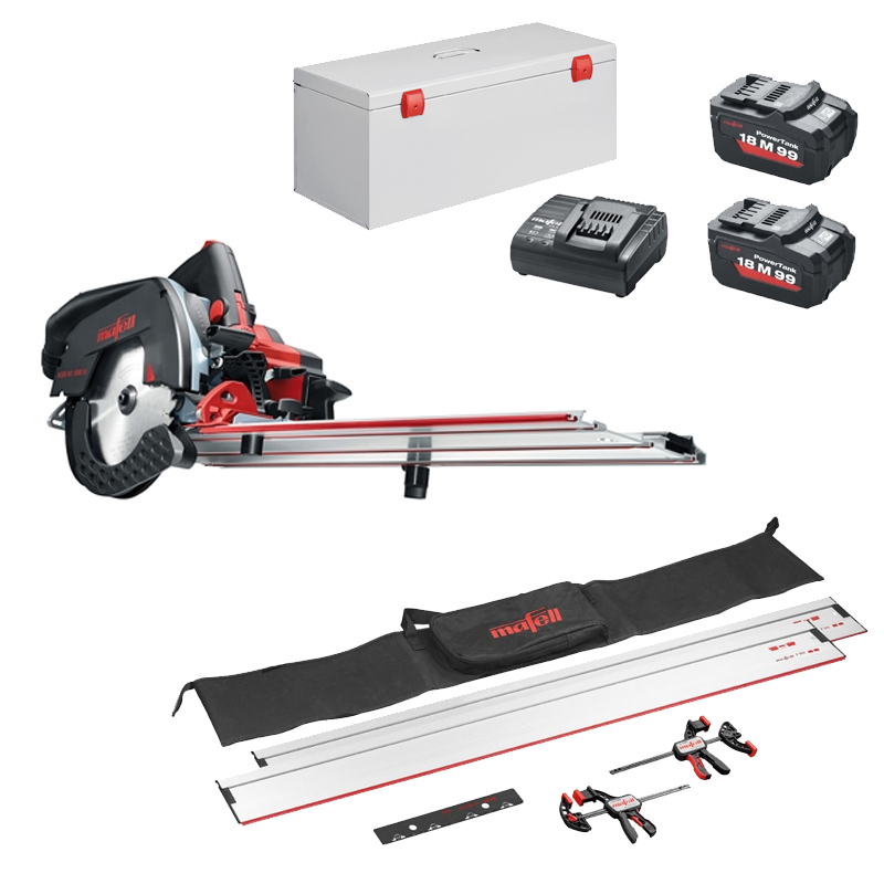 Mafell accu-afkortzaag KSS 60 18M BL in transportkoffer met geleidelinialenset