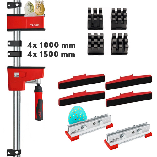 Bessey set: variabele corpuslijmtangen 4x 1000 x 95 mm + 4x 1500 x 95 mm met uitgebreide accessoireset