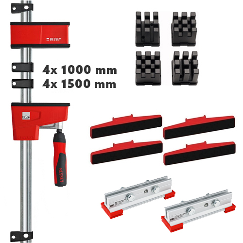 Bessey set: variabele corpuslijmtangen 4x 1000 x 95 mm + 4x 1500 x 95 mm met uitgebreide accessoireset