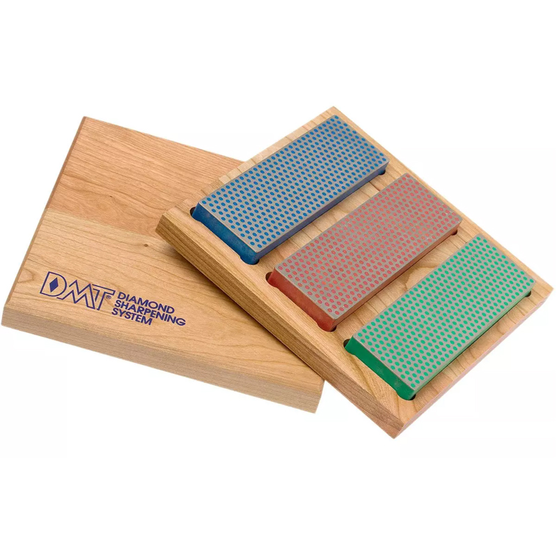 DMT diamantsteen set 152 x 51 mm groen-rood-blauw in houten kist