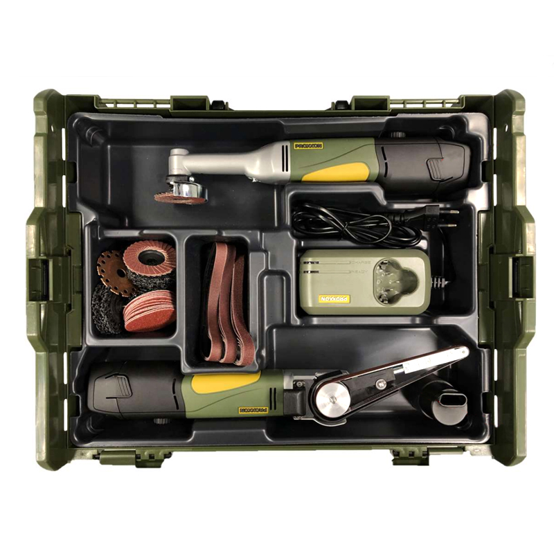 Proxxon accu basisset met LHW/A lange hals haakse slijper en BS/A bandschuurmachine