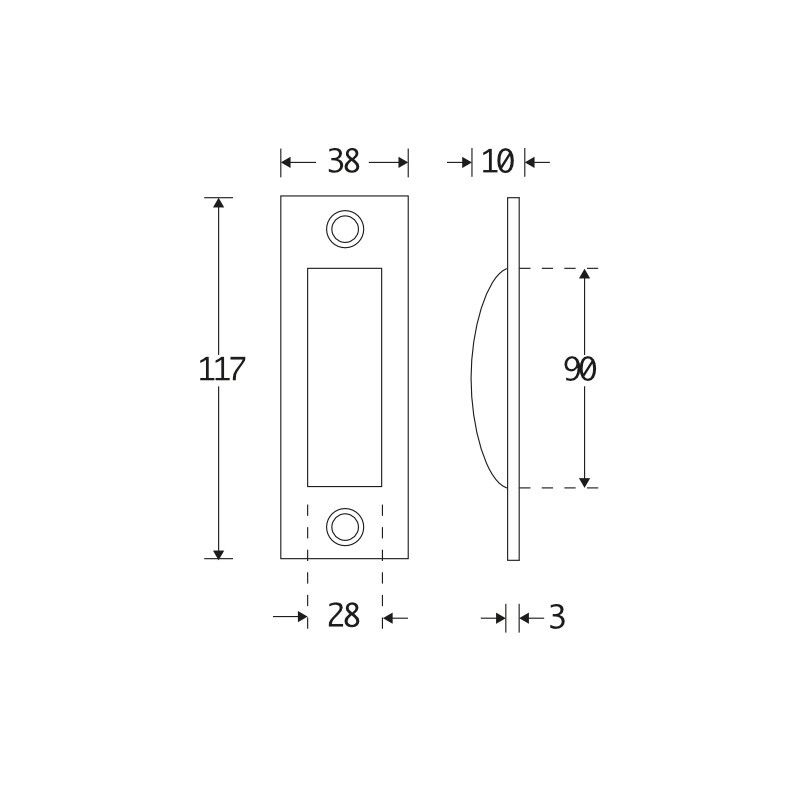 Schuifdeurkom rechthoek 115 x 38 mm elegant chroom - laatste voorraad
