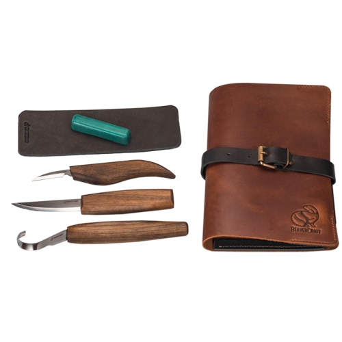 BeaverCraft Limited Edition houtsnijset voor lepelsnijden inclusief wetpasta, strop en lederen foudraal 3-delig