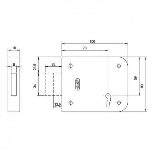 Nemef kelderbandslot 91/11 70 mm met 2 sleutels